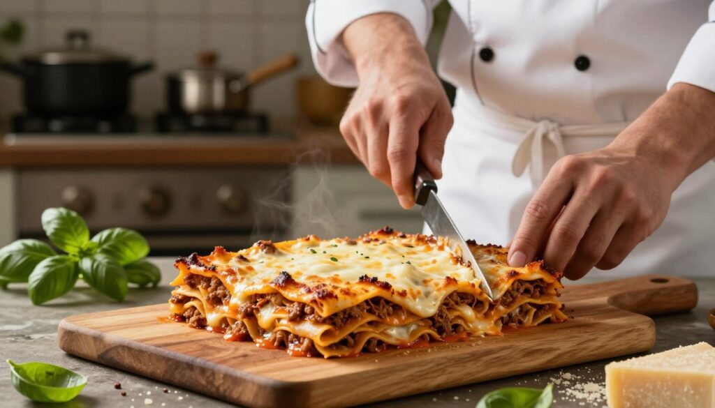 A freshly baked lasagna, golden-brown and bubbling, is placed on a wooden cutting board in the foreground. The sizzling layers of pasta, rich meat sauce, and creamy cheese create an enticing texture. Nearby, a professional chef in a white apron and a modest shirt uses a sharp knife to carefully cut the lasagna into perfect rectangular portions, showcasing its soft, melted layers. In the middle ground, a rustic kitchen setting with warm, ambient light casts soft shadows, highlighting the details of the dish. Fresh basil leaves and a sprinkle of parmesan cheese are scattered around, enhancing the image's appeal. The background features soft-focus kitchen elements like pots, pans, and herbs, creating a cozy, inviting atmosphere, perfect for sharing a delicious meal. A freshly baked lasagna, golden-brown and bubbling, is placed on a wooden cutting board in the foreground. The sizzling layers of pasta, rich meat sauce, and creamy cheese create an enticing texture. Nearby, a professional chef in a white apron and a modest shirt uses a sharp knife to carefully cut the lasagna into perfect rectangular portions, showcasing its soft, melted layers. In the middle ground, a rustic kitchen setting with warm, ambient light casts soft shadows, highlighting the details of the dish. Fresh basil leaves and a sprinkle of parmesan cheese are scattered around, enhancing the image's appeal. The background features soft-focus kitchen elements like pots, pans, and herbs, creating a cozy, inviting atmosphere, perfect for sharing a delicious meal.