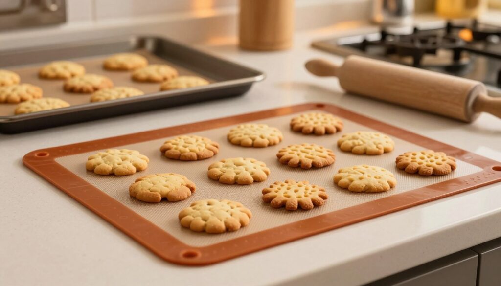 A high-quality image showcasing a silicone baking mat designed for high temperatures, prominently displayed in the foreground. The mat should be shown in action, with a variety of baked goods such as cookies, bread, and pastries perfectly placed on it, emphasizing its non-stick properties. In the middle ground, include a lightly textured kitchen countertop to add depth, with a baking sheet and rolling pin subtly arranged to suggest a baking theme. The background can feature warm, ambient kitchen lighting, creating a cozy atmosphere, with blurred outlines of kitchen tools and ingredients to enhance the setting. The overall mood should feel inviting and practical, highlighting the silicone mat as a reliable alternative for non-stick baking at high temperatures, designed for both home chefs and professional bakers.