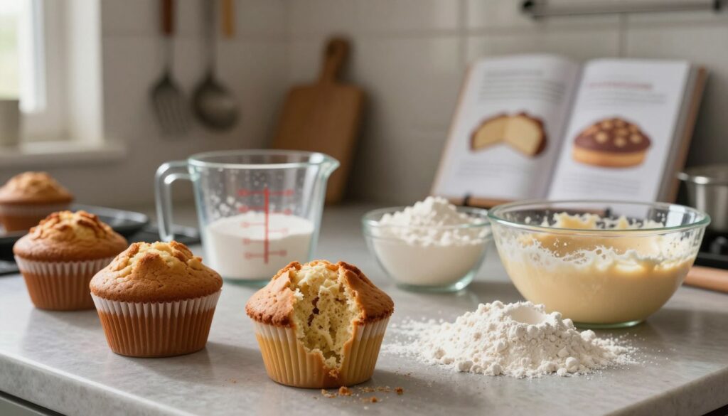 A kitchen countertop filled with a variety of common baking mistakes while preparing mug cakes. In the foreground, focus on a cracked mug cake with a rubbery texture, alongside spilled flour and an overflowing bowl of batter. In the middle ground, display a measuring cup with inaccurately measured ingredients, such as sugar and flour, emphasizing poor preparation. In the background, show a dimly lit kitchen with utensils hanging on the wall and a baking book open to a cake recipe. Soft, natural lighting comes from a window, creating a warm atmosphere. The overall mood conveys a sense of culinary mishap, encouraging learning from common errors in baking. A kitchen countertop filled with a variety of common baking mistakes while preparing mug cakes. In the foreground, focus on a cracked mug cake with a rubbery texture, alongside spilled flour and an overflowing bowl of batter. In the middle ground, display a measuring cup with inaccurately measured ingredients, such as sugar and flour, emphasizing poor preparation. In the background, show a dimly lit kitchen with utensils hanging on the wall and a baking book open to a cake recipe. Soft, natural lighting comes from a window, creating a warm atmosphere. The overall mood conveys a sense of culinary mishap, encouraging learning from common errors in baking.