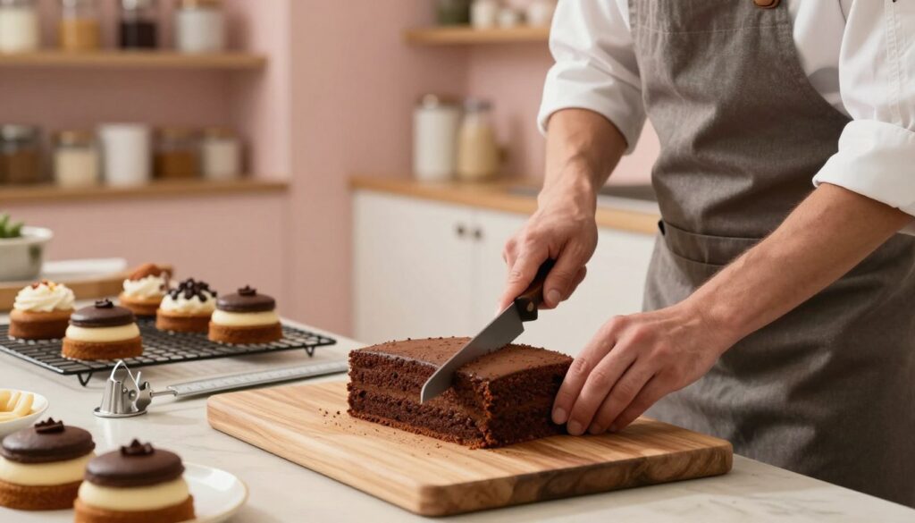 A kitchen scene focused on the precise moment of slicing a perfectly baked cake. In the foreground, a professional, elegantly dressed baker, wearing an apron, uses a sharp knife to carefully cut through a richly layered chocolate cake on a wooden cutting board. Cake crumbs are minimal, showcasing the clean cut. The middle ground features an array of baking tools like a cake leveler and a ruler for measuring portions, while a cooling rack with other desserts sits nearby. The background has warm, soft lighting that enhances the inviting atmosphere of the kitchen, with pastel-colored walls and shelves filled with baking supplies. The mood is calm and focused, emphasizing professionalism and attention to detail in cake preparation techniques.