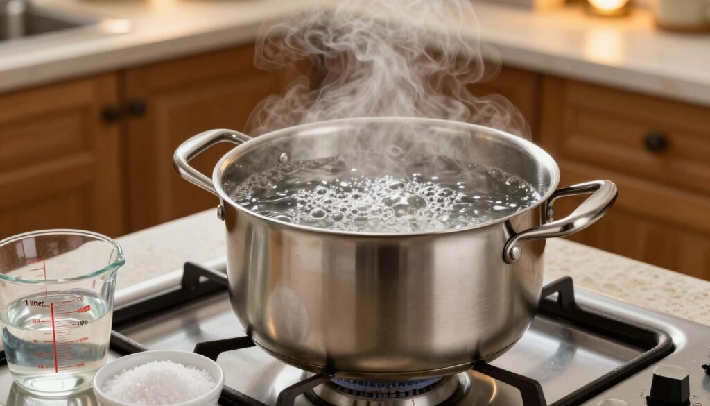 A large stainless steel pot filled with boiling water, with steam rising in the air, set on a modern gas stove. In the foreground, a measuring cup shows precise amounts of water, labeled clearly as "1 liter," next to a small bowl of coarse salt. In the middle, the pot is centered with bubbles actively boiling, reflecting light and showcasing the texture of the water's surface. The background features a cozy kitchen with wooden cabinets and a stone countertop, softly illuminated by warm overhead lights, creating a welcoming atmosphere. The composition is shot from a slightly elevated angle to emphasize the pot, water, and kitchen setting without including any human figures or distractions. A large stainless steel pot filled with boiling water, with steam rising in the air, set on a modern gas stove. In the foreground, a measuring cup shows precise amounts of water, labeled clearly as "1 liter," next to a small bowl of coarse salt. In the middle, the pot is centered with bubbles actively boiling, reflecting light and showcasing the texture of the water's surface. The background features a cozy kitchen with wooden cabinets and a stone countertop, softly illuminated by warm overhead lights, creating a welcoming atmosphere. The composition is shot from a slightly elevated angle to emphasize the pot, water, and kitchen setting without including any human figures or distractions.