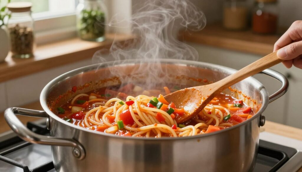 A large stainless steel pot on a stovetop, filled with a vibrant spaghetti sauce simmering without a lid, showcasing the process of reduction. The foreground features a close-up of wooden spoons stirring the sauce, with chopped vegetables like onions, bell peppers, and tomatoes visible. In the middle, the pot bubbles gently, releasing steam and reflecting warm kitchen light, captured at a slight angle to emphasize depth. The background features a rustic kitchen with shelves lined with jars of herbs and spices, creating a cozy atmosphere. Soft, natural lighting filters through a nearby window, enhancing the inviting scene. The mood is warm and homely, perfect for illustrating a cooking process.