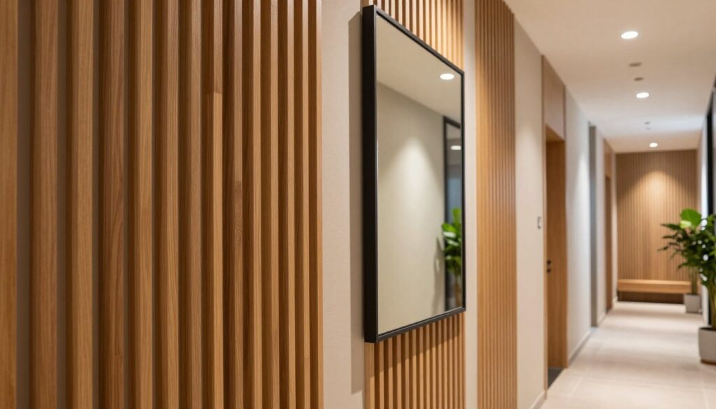 A modern hallway featuring stylish, vertically aligned slats and a decorative mirror positioned strategically for optimal lighting. In the foreground, focus on polished wooden slats integrated into the wall at an ideal installation height, accentuating the sense of space. In the middle, a large, framed mirror reflects soft, ambient light from stylish overhead fixtures, enhancing the illusion of depth. The background showcases a well-lit corridor with warm tones, enhancing the inviting atmosphere. Soft shadows create depth, highlighting textures and materials, with a hint of greenery from potted plants subtly integrated into the design. The overall mood is modern, airy, and sophisticated, perfect for illustrating the concept of height and spatial arrangement.