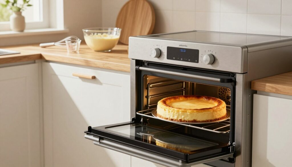 A modern kitchen interior featuring a high-quality oven, known as "piekarnika," in the foreground. The oven door is slightly ajar, revealing a golden-brown cheesecake baking inside, illustrating a delicate balance between undercooked and perfectly baked. In the middle, there's a wooden countertop adorned with baking tools: a whisk, measuring cups, and a mixing bowl with creamy cheesecake batter. The background showcases warm, inviting kitchen colors with soft natural lighting streaming through a window, creating a cozy atmosphere. The entire scene conveys a sense of calm and focus, perfect for a baking scenario, highlighting the importance of an effective oven in creating a successful cheesecake. The angle captures both the oven and the countertop, emphasizing the baking process.