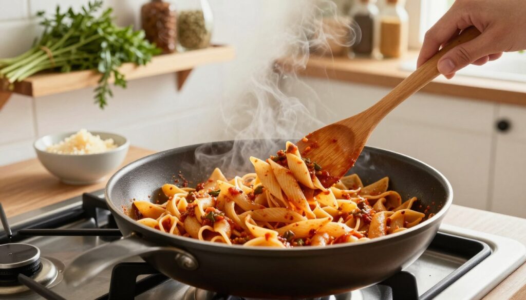A modern kitchen scene featuring a gleaming skillet on a stove, filled with perfectly cooked pasta being gently tossed with a rich, vibrant sauce. The foreground showcases the skillet with steam rising, capturing the warmth and inviting aroma of the dish. In the middle, a wooden spatula is poised above the skillet, ready to stir, while a small bowl of freshly grated Parmesan cheese rests nearby. The background highlights a clean, rustic kitchen setting with shelves lined with herbs and spices, enhancing the homey atmosphere. Soft, natural light floods the area, illuminating the pasta and creating an appetizing glow. Use a warm color palette to evoke comfort and satisfaction. The angle should be slightly overhead, focusing on the skillet while giving a sense of the kitchen environment.