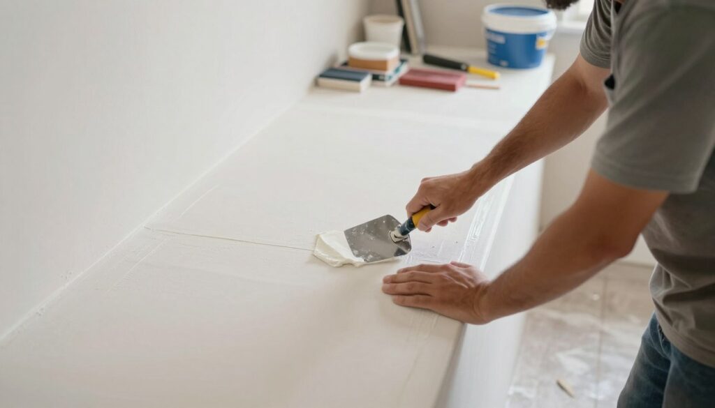 A professional artisan applying and polishing drywall compound in a well-lit interior space. In the foreground, the artisan, dressed in modest casual clothing, is expertly smoothing the compound on a wall using a trowel, showing technique and focus. In the middle ground, a pristine, freshly applied surface glistens under soft, natural lighting, emphasizing its smoothness. The background features various tools neatly organized, such as sanding blocks and buckets, creating a clean work environment. The atmosphere conveys calmness and precision, highlighting the meticulous process of creating a flawless finish on walls and ceilings. The scene is captured from a slightly elevated angle, providing an overview of both the artisan's actions and the immaculate surface being worked on. A professional artisan applying and polishing drywall compound in a well-lit interior space. In the foreground, the artisan, dressed in modest casual clothing, is expertly smoothing the compound on a wall using a trowel, showing technique and focus. In the middle ground, a pristine, freshly applied surface glistens under soft, natural lighting, emphasizing its smoothness. The background features various tools neatly organized, such as sanding blocks and buckets, creating a clean work environment. The atmosphere conveys calmness and precision, highlighting the meticulous process of creating a flawless finish on walls and ceilings. The scene is captured from a slightly elevated angle, providing an overview of both the artisan's actions and the immaculate surface being worked on.