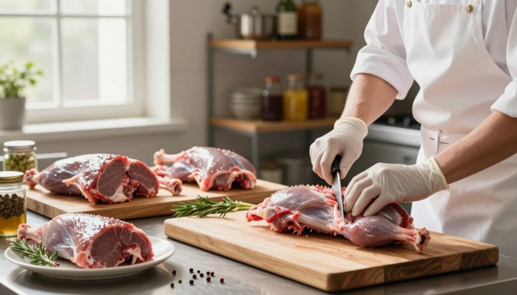 A professional kitchen setting showcasing the meticulous process of butchering a rabbit into portions suitable for roasting. In the foreground, a skilled butcher, dressed in a clean white apron and gloves, expertly fillets the rabbit on a wooden cutting board, revealing the freshness of the meat. The middle ground features neatly arranged cuts of rabbit, including legs and loin pieces, artistically displayed next to herbs and spices, hinting at the marinating process. Light filters from a large window, casting soft, natural illumination that highlights the textures of the meat and wooden surfaces. In the background, shelves filled with various cooking utensils and jars of marinades create an inviting atmosphere, emphasizing the preparation for even roasting. The overall mood is professional and inviting, focused on the art of cooking.