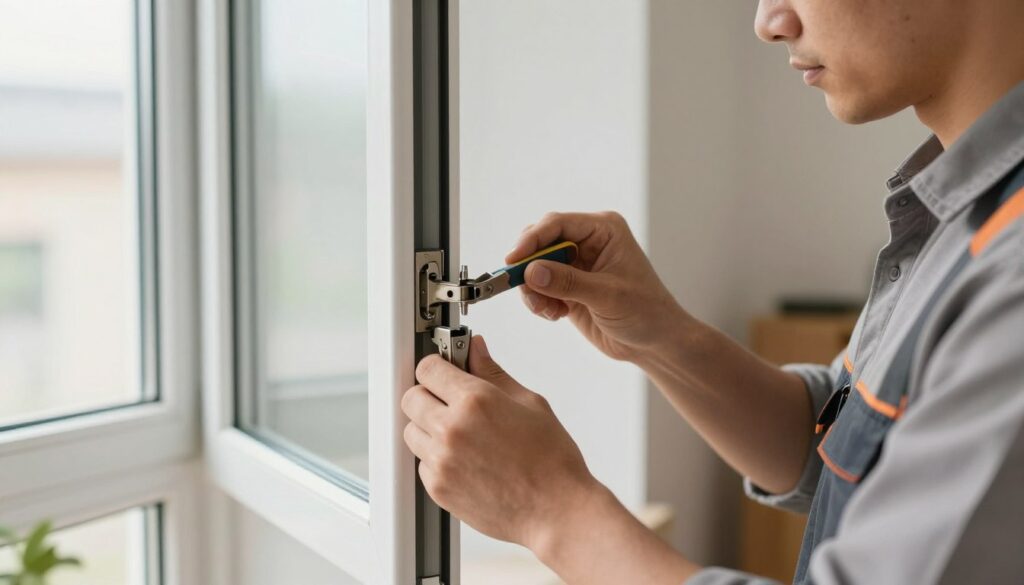 A professional tradesperson, dressed in a modest work shirt and safety gear, is carefully removing a plastic window from its visible hinges. In the foreground, the focus is on the hands gripping the window while using a tool to release the hinges. The middle layer showcases the half-removed window, revealing the intricate details of the hinge mechanism and locking points. In the background, a well-lit room with neutral tones emphasizes a sense of order and professionalism, with soft natural light filtering in, adding warmth to the scene. The atmosphere conveys a helpful and instructional mood, capturing the process of window removal step by step.