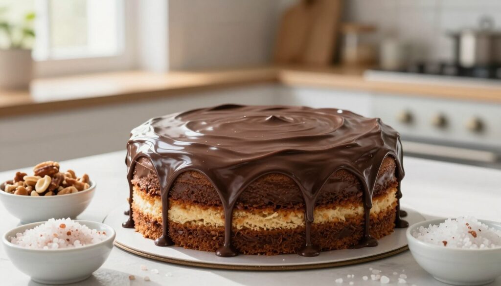 A rich, glossy chocolate ganache, glistening with a smooth sheen, elegantly drizzled over a freshly baked cake. In the foreground, the chocolate cascade captures the eye, with subtle light reflections highlighting its texture. On either side, small bowls contain vibrant ingredients like crushed nuts, sea salt, and a sprinkle of sea salt for a tantalizing appeal. The middle ground features a beautifully crafted cake, its layers visible and inviting, while a backdrop of soft-focus kitchen setting suggests warmth and homey charm. Natural light streams in from a nearby window, creating a cozy atmosphere that enhances the feeling of indulgence. A shallow depth of field adds a dreamy effect, drawing attention to the decadent chocolate glaze and curated toppings.