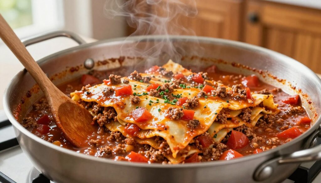 A rich, savory Bolognese sauce simmering in a stainless steel skillet, showcasing the right consistency for layering lasagna. The sauce is thick, with finely diced tomatoes, ground meat, and aromatic herbs visibly cooked throughout, bubbling slightly at the edges. In the foreground, a wooden spoon is resting against the skillet, stained with sauce, emphasizing preparation. The middle ground captures the vibrant colors of the sauce and ingredients, with steam rising gently. The background is softly blurred, suggesting a rustic kitchen with warm wooden cabinets and natural light streaming in from a window, creating a cozy, inviting atmosphere. The scene conveys the artistry of cooking with a focus on detail and texture, inviting viewers to appreciate the nuances of a perfect meat sauce. A rich, savory Bolognese sauce simmering in a stainless steel skillet, showcasing the right consistency for layering lasagna. The sauce is thick, with finely diced tomatoes, ground meat, and aromatic herbs visibly cooked throughout, bubbling slightly at the edges. In the foreground, a wooden spoon is resting against the skillet, stained with sauce, emphasizing preparation. The middle ground captures the vibrant colors of the sauce and ingredients, with steam rising gently. The background is softly blurred, suggesting a rustic kitchen with warm wooden cabinets and natural light streaming in from a window, creating a cozy, inviting atmosphere. The scene conveys the artistry of cooking with a focus on detail and texture, inviting viewers to appreciate the nuances of a perfect meat sauce.