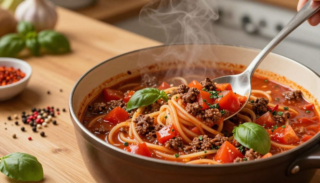 A rich, savory spaghetti sauce simmering in a rustic pot on a wooden countertop, with ingredients artfully arranged around it. In the foreground, a spoon is stirring the sauce, showcasing the chunks of juicy ground beef and vibrant diced tomatoes, infused with fresh herbs like basil and oregano. In the middle, colorful spices are spread out, adding a touch of warmth and flavor. In the background, a softly lit kitchen adds a cozy atmosphere, with a hint of steam rising from the pot. The lighting is warm and inviting, reminiscent of a home-cooked meal. The angle is slightly overhead, emphasizing the depth of the sauce and the richness of the ingredients. The overall mood exudes comfort and culinary delight.