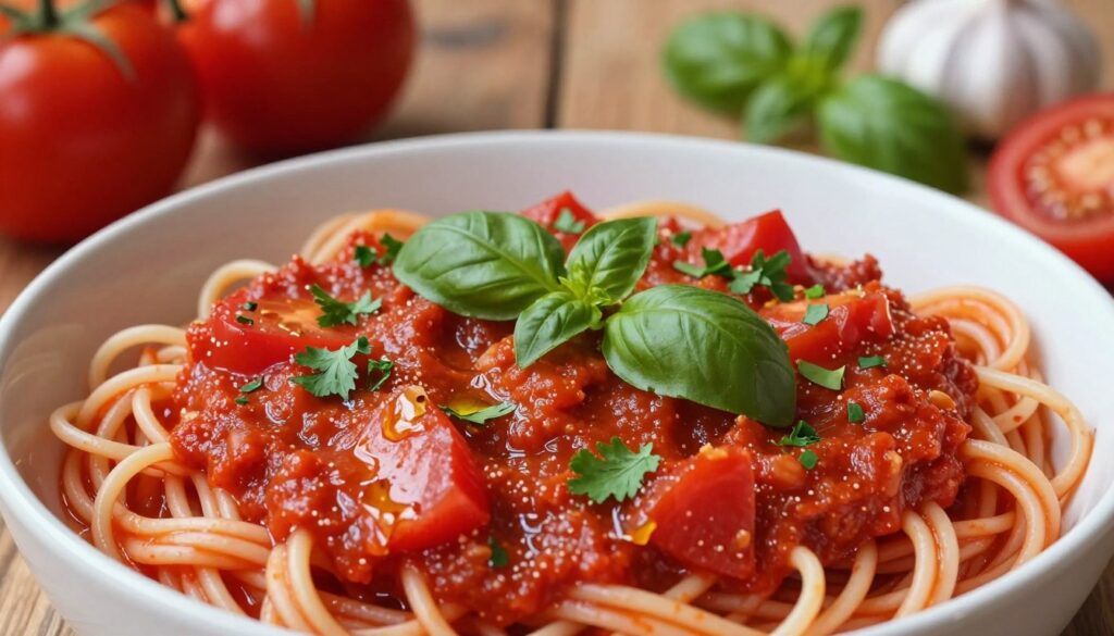 A rich, vibrant bowl of homemade tomato sauce sits in the foreground, glistening with fresh herbs like basil and parsley, garnished with a drizzle of olive oil for sheen. The sauce is thick and textured, showcasing chunks of ripe tomatoes and a hint of garlic. In the middle, a generous serving of al dente pasta is intertwined, creating a satisfying, inviting scene. Soft, warm lighting highlights the sauce’s deep red color and accents the green herbs, setting a cozy, inviting atmosphere. In the background, a rustic wooden table holds scattered cooking ingredients like tomatoes, garlic, and a sprig of basil, enhancing the culinary theme. The angle captures the depth of the sauce while emphasizing its mouthwatering appeal, evoking feelings of warmth and comfort. A rich, vibrant bowl of homemade tomato sauce sits in the foreground, glistening with fresh herbs like basil and parsley, garnished with a drizzle of olive oil for sheen. The sauce is thick and textured, showcasing chunks of ripe tomatoes and a hint of garlic. In the middle, a generous serving of al dente pasta is intertwined, creating a satisfying, inviting scene. Soft, warm lighting highlights the sauce’s deep red color and accents the green herbs, setting a cozy, inviting atmosphere. In the background, a rustic wooden table holds scattered cooking ingredients like tomatoes, garlic, and a sprig of basil, enhancing the culinary theme. The angle captures the depth of the sauce while emphasizing its mouthwatering appeal, evoking feelings of warmth and comfort.