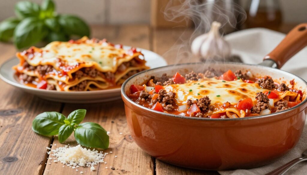 A rich, vibrant meat sauce for lasagna, featuring minced beef simmered with diced tomatoes, onions, and garlic. The foreground showcases a rustic wooden table, with a pot of sauce bubbling gently, steam rising as it reflects soft, warm lighting. Fresh basil leaves and a sprinkle of grated Parmesan cheese sit nearby, adding color and texture. In the middle ground, a plate with layered lasagna reveals the sauce glistening between pasta sheets, invitingly melted cheese crowning it. The background fades softly, hinting at a cozy kitchen environment, with out-of-focus herbs and kitchen utensils subtly enhancing the domestic atmosphere. The overall mood is warm and homely, evoking the comforting essence of traditional Italian cooking. A rich, vibrant meat sauce for lasagna, featuring minced beef simmered with diced tomatoes, onions, and garlic. The foreground showcases a rustic wooden table, with a pot of sauce bubbling gently, steam rising as it reflects soft, warm lighting. Fresh basil leaves and a sprinkle of grated Parmesan cheese sit nearby, adding color and texture. In the middle ground, a plate with layered lasagna reveals the sauce glistening between pasta sheets, invitingly melted cheese crowning it. The background fades softly, hinting at a cozy kitchen environment, with out-of-focus herbs and kitchen utensils subtly enhancing the domestic atmosphere. The overall mood is warm and homely, evoking the comforting essence of traditional Italian cooking.