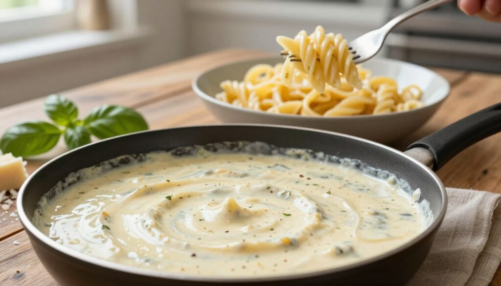 A richly detailed culinary scene featuring a creamy pasta sauce in a pan on a rustic wooden table. In the foreground, a close-up view of a smooth, velvety sauce, with hints of herbs and spices reflecting off its glossy surface. Next to the pan, there are fresh ingredients like basil leaves and grated cheese, adding a splash of green and white to the composition. The middle ground offers a bowl of perfectly cooked pasta, lightly coated in the sauce, cleverly twirled on a fork. Soft, natural light pours in from a nearby window, casting gentle shadows and creating a warm, inviting atmosphere. The background showcases blurred kitchen elements, emphasizing the focus on the sauce and pasta. The mood is cozy and appetizing, perfect for a culinary article. A richly detailed culinary scene featuring a creamy pasta sauce in a pan on a rustic wooden table. In the foreground, a close-up view of a smooth, velvety sauce, with hints of herbs and spices reflecting off its glossy surface. Next to the pan, there are fresh ingredients like basil leaves and grated cheese, adding a splash of green and white to the composition. The middle ground offers a bowl of perfectly cooked pasta, lightly coated in the sauce, cleverly twirled on a fork. Soft, natural light pours in from a nearby window, casting gentle shadows and creating a warm, inviting atmosphere. The background showcases blurred kitchen elements, emphasizing the focus on the sauce and pasta. The mood is cozy and appetizing, perfect for a culinary article.