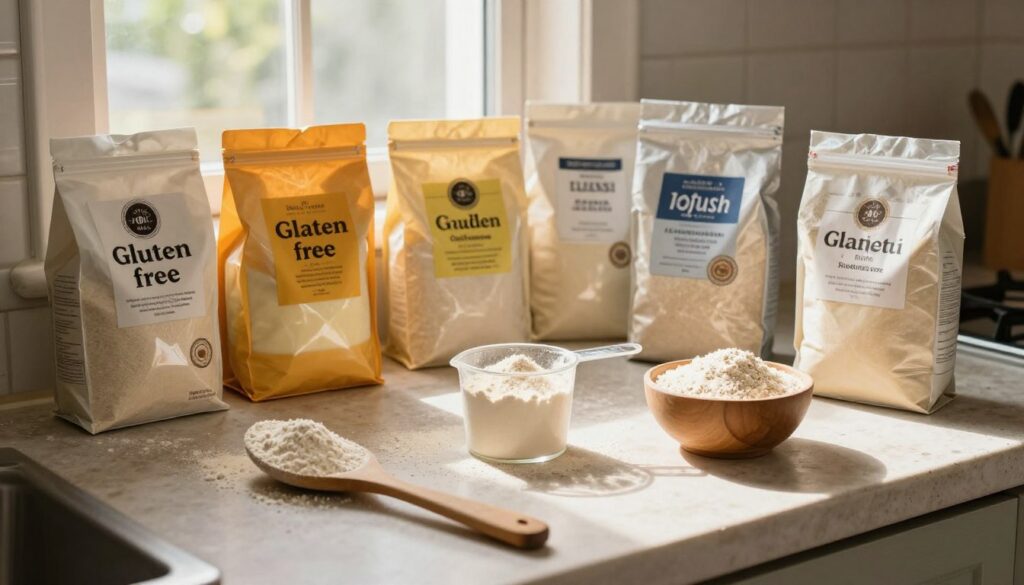 A rustic kitchen countertop adorned with various flour substitutes for cheesecake, including a bag of pudding mix, semolina, and a selection of gluten-free flours. In the foreground, a wooden spoon rests beside a measuring cup filled with semolina, while a small bowl showcases the pudding mix. The middle ground features beautifully arranged gluten-free flour packages, each labeled uniquely. Soft, natural light streams in from a window in the background, casting gentle shadows and creating a warm, inviting atmosphere. The overall mood is cozy and homely, emphasizing the art of baking with alternative ingredients. The composition captures the essence of culinary exploration, focusing on these innovative flour substitutes without any text or distractions. A rustic kitchen countertop adorned with various flour substitutes for cheesecake, including a bag of pudding mix, semolina, and a selection of gluten-free flours. In the foreground, a wooden spoon rests beside a measuring cup filled with semolina, while a small bowl showcases the pudding mix. The middle ground features beautifully arranged gluten-free flour packages, each labeled uniquely. Soft, natural light streams in from a window in the background, casting gentle shadows and creating a warm, inviting atmosphere. The overall mood is cozy and homely, emphasizing the art of baking with alternative ingredients. The composition captures the essence of culinary exploration, focusing on these innovative flour substitutes without any text or distractions.
