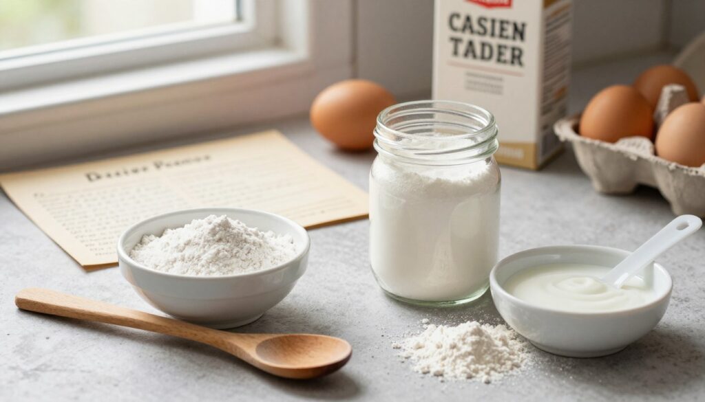 A rustic kitchen countertop scene featuring ingredients for homemade baking powder: a small bowl of baking soda, a jar filled with cream of tartar, and a dish with white vinegar. In the foreground, a wooden spoon rests beside the bowl, and there are scattered flour and measuring spoons. The middle ground includes a vintage recipe card with handwritten notes on how to mix the ingredients, while the background shows soft, natural light streaming through a window, illuminating a few fresh eggs and a carton of baking powder. The mood is warm and inviting, evoking the feeling of home cooking, with an emphasis on simple, accessible kitchen tools and ingredients. Perfect for illustrating a DIY baking powder concept. A rustic kitchen countertop scene featuring ingredients for homemade baking powder: a small bowl of baking soda, a jar filled with cream of tartar, and a dish with white vinegar. In the foreground, a wooden spoon rests beside the bowl, and there are scattered flour and measuring spoons. The middle ground includes a vintage recipe card with handwritten notes on how to mix the ingredients, while the background shows soft, natural light streaming through a window, illuminating a few fresh eggs and a carton of baking powder. The mood is warm and inviting, evoking the feeling of home cooking, with an emphasis on simple, accessible kitchen tools and ingredients. Perfect for illustrating a DIY baking powder concept.