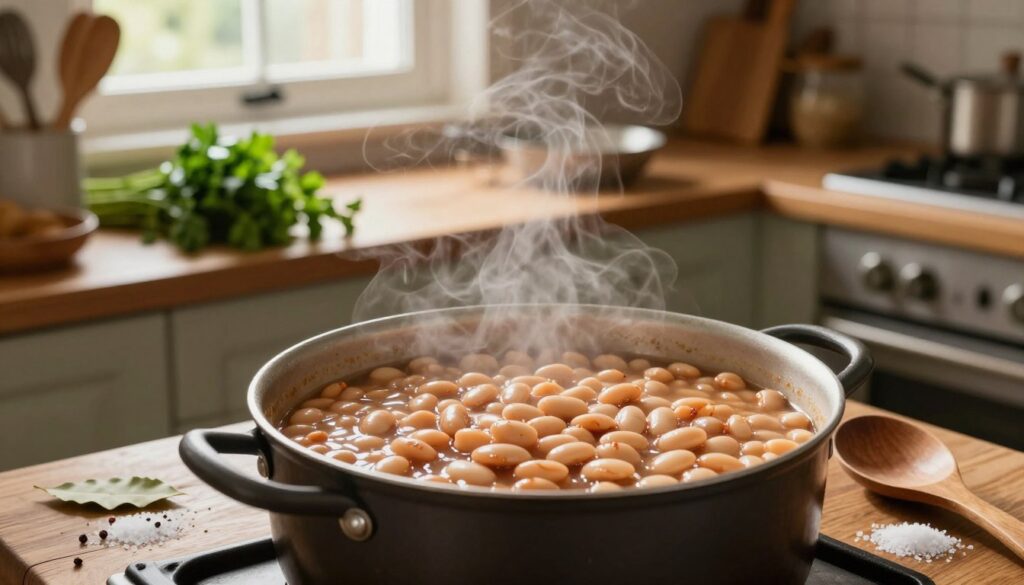 A rustic kitchen scene featuring a pot of simmering beans on a wooden stove. The foreground shows a close-up of a large pot filled with soft, perfectly cooked white beans, steam rising gently. Surrounding the pot, there are scattered spices like bay leaves and salt, and a wooden spoon resting beside it. In the middle ground, a countertop adorned with fresh herbs, such as parsley, and other cooking utensils creates an inviting atmosphere. The background showcases warm, natural lighting coming from a window, casting a soft glow across the kitchen, emphasizing the cozy, homely feel. The setting evokes a sense of warmth and comfort, making it evident that this is a culinary process focused on achieving tender, flavorful beans.