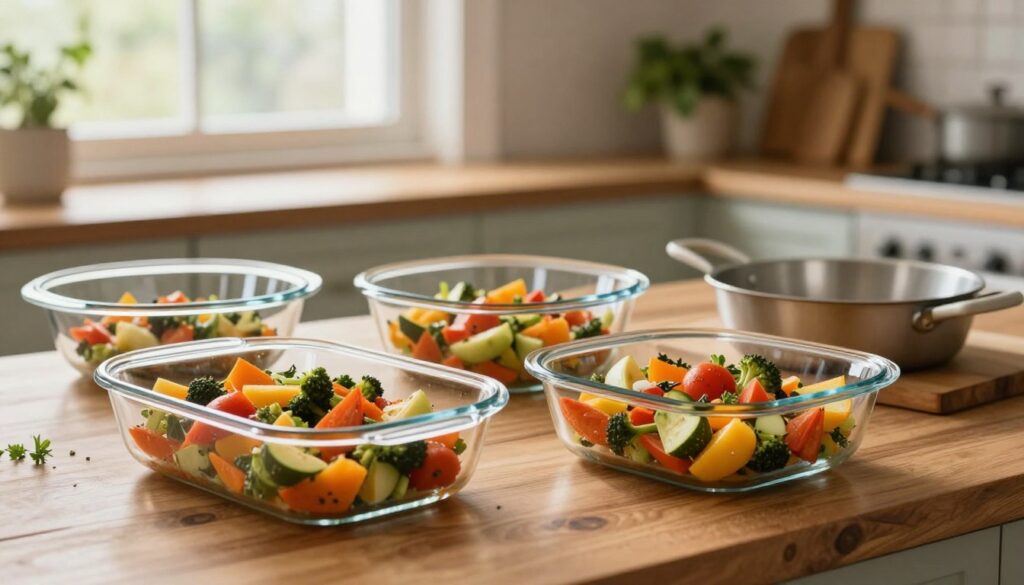 A rustic kitchen setting featuring various heat-resistant glass bakeware, such as bowls, dishes, and pans, arranged artfully on a wooden countertop. The foreground showcases a beautifully styled glass dish filled with a colorful vegetable medley, reflecting the ingredients’ vibrant colors. In the middle, additional bakeware glimmers under warm, natural light coming from a nearby window, creating an inviting atmosphere. The background includes soft-focus kitchen shelves with cooking utensils and herbs, enhancing the homely vibe. The scene is well-lit, capturing the clarity of the glass and the textures of the countertop. The overall mood is cozy and inspiring, perfect for showcasing alternative baking methods without paper.