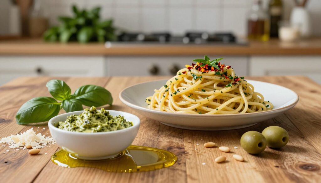 A rustic wooden table serves as the foreground, adorned with a vibrant spread of umami pesto made from green olives, fresh basil, and Parmesan cheese. The creamy pesto is displayed in a small, elegant bowl, surrounded by scattered pine nuts and a drizzle of golden olive oil, reflecting the color and texture of the ingredients. In the middle, a plate of perfectly twirled spaghetti glistens under soft, warm lighting, garnished with a sprinkle of chili flakes and fresh herbs, illustrating a modern take on traditional Italian flavors. The background features a softly blurred kitchen setting, highlighting a charming array of herbs and spices, creating a cozy, inviting atmosphere. The composition captures the essence of umami and culinary creativity, appealing to food enthusiasts. A rustic wooden table serves as the foreground, adorned with a vibrant spread of umami pesto made from green olives, fresh basil, and Parmesan cheese. The creamy pesto is displayed in a small, elegant bowl, surrounded by scattered pine nuts and a drizzle of golden olive oil, reflecting the color and texture of the ingredients. In the middle, a plate of perfectly twirled spaghetti glistens under soft, warm lighting, garnished with a sprinkle of chili flakes and fresh herbs, illustrating a modern take on traditional Italian flavors. The background features a softly blurred kitchen setting, highlighting a charming array of herbs and spices, creating a cozy, inviting atmosphere. The composition captures the essence of umami and culinary creativity, appealing to food enthusiasts.
