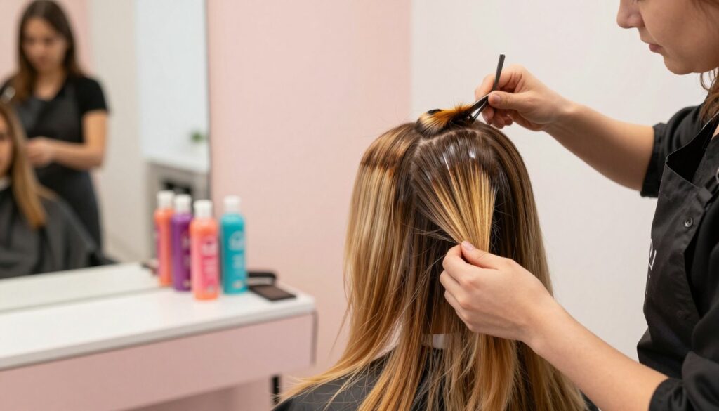 A serene hair salon scene showcasing a professional hair stylist applying hair color to a client with visible regrowth, emphasizing the careful technique to avoid stains and demarcations. The stylist, a woman dressed in a sleek, professional apron, is focused on her work, with vibrant hair color products displayed on the counter beside her. The background features soft pastel-colored walls, a large mirror reflecting the scene, and warm, natural lighting that creates an inviting atmosphere. In the foreground, a close-up of glowing, well-cared-for colored hair strands is visible, capturing the essence of hair care and maintenance post-coloring. The image conveys a sense of professionalism, safety, and tranquility in hair coloring practices. A serene hair salon scene showcasing a professional hair stylist applying hair color to a client with visible regrowth, emphasizing the careful technique to avoid stains and demarcations. The stylist, a woman dressed in a sleek, professional apron, is focused on her work, with vibrant hair color products displayed on the counter beside her. The background features soft pastel-colored walls, a large mirror reflecting the scene, and warm, natural lighting that creates an inviting atmosphere. In the foreground, a close-up of glowing, well-cared-for colored hair strands is visible, capturing the essence of hair care and maintenance post-coloring. The image conveys a sense of professionalism, safety, and tranquility in hair coloring practices.