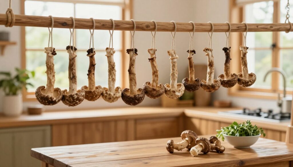 A serene indoor setting showcasing a cozy kitchen with wooden shelves and natural light filtering through a window. In the foreground, a neatly arranged string of dried mushrooms hanging on a traditional wooden beam, gently swaying to indicate airflow. The mushrooms display various earthy tones, showcasing their textures and details. In the middle ground, a rustic table cluttered with a few fresh mushrooms and a small bowl of herbs which signifies the preparation process. The background features a warm ambiance with potted plants adding greenery. Bright but soft lighting creates a calming atmosphere, suggesting a peaceful home environment for drying mushrooms. The composition hints at patience and care in the art of preserving flavors, inviting viewers to appreciate the process of home drying mushrooms. A serene indoor setting showcasing a cozy kitchen with wooden shelves and natural light filtering through a window. In the foreground, a neatly arranged string of dried mushrooms hanging on a traditional wooden beam, gently swaying to indicate airflow. The mushrooms display various earthy tones, showcasing their textures and details. In the middle ground, a rustic table cluttered with a few fresh mushrooms and a small bowl of herbs which signifies the preparation process. The background features a warm ambiance with potted plants adding greenery. Bright but soft lighting creates a calming atmosphere, suggesting a peaceful home environment for drying mushrooms. The composition hints at patience and care in the art of preserving flavors, inviting viewers to appreciate the process of home drying mushrooms.