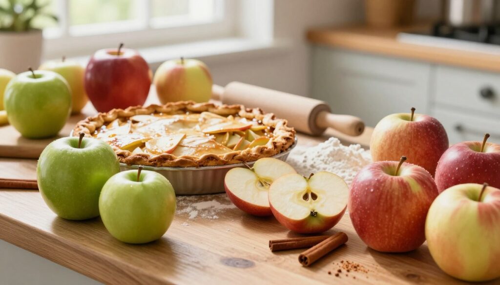A serene kitchen countertop presents an array of apples ideal for making traditional apple pie (szarlotka) and apple cake (jabłecznik). In the foreground, display various apple varieties: tart green Granny Smith apples, sweet and aromatic Honeycrisp apples, and textured, red-skinned Rome apples. Their rich colors contrast beautifully against a rustic wood surface. In the middle, include a partially sliced apple, revealing its juicy interior, while a rolling pin and flour dust hint at the baking process. The background softly blurs, featuring warm, natural light filtering through a window, creating an inviting atmosphere. Incorporate fresh spices and a sprinkle of cinnamon, evoking a homely, comforting vibe, perfect for a fall baking scene. A serene kitchen countertop presents an array of apples ideal for making traditional apple pie (szarlotka) and apple cake (jabłecznik). In the foreground, display various apple varieties: tart green Granny Smith apples, sweet and aromatic Honeycrisp apples, and textured, red-skinned Rome apples. Their rich colors contrast beautifully against a rustic wood surface. In the middle, include a partially sliced apple, revealing its juicy interior, while a rolling pin and flour dust hint at the baking process. The background softly blurs, featuring warm, natural light filtering through a window, creating an inviting atmosphere. Incorporate fresh spices and a sprinkle of cinnamon, evoking a homely, comforting vibe, perfect for a fall baking scene.