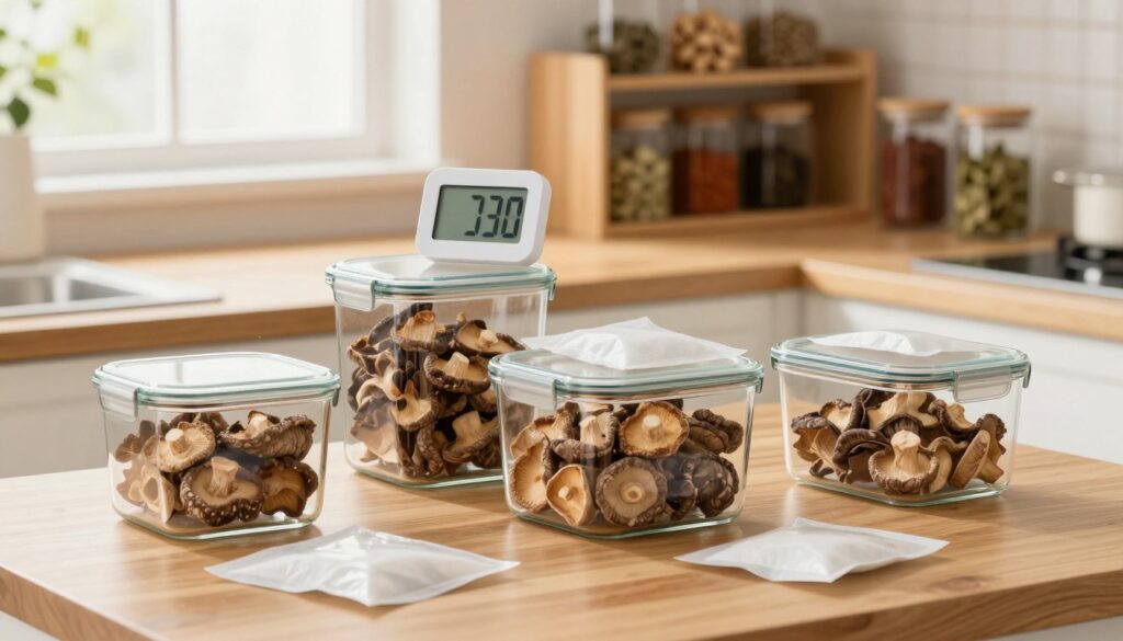 A serene kitchen scene meticulously arranged to illustrate moisture control and protection against food moths while storing dried mushrooms. In the foreground, there are transparent, airtight glass containers showcasing beautifully dried mushrooms, surrounded by moisture-absorbing silica gel packets. The middle ground features a wooden countertop with a high-quality digital hygrometer displaying optimal humidity levels. The background includes well-organized shelves filled with spice jars and dried herbs, bathed in soft, natural light from a nearby window. The overall atmosphere is tidy and inviting, reflecting careful attention to food storage. The scene is captured from a slightly elevated angle, providing a comprehensive view, with warm, inviting tones that evoke a sense of freshness and safety in food preservation. A serene kitchen scene meticulously arranged to illustrate moisture control and protection against food moths while storing dried mushrooms. In the foreground, there are transparent, airtight glass containers showcasing beautifully dried mushrooms, surrounded by moisture-absorbing silica gel packets. The middle ground features a wooden countertop with a high-quality digital hygrometer displaying optimal humidity levels. The background includes well-organized shelves filled with spice jars and dried herbs, bathed in soft, natural light from a nearby window. The overall atmosphere is tidy and inviting, reflecting careful attention to food storage. The scene is captured from a slightly elevated angle, providing a comprehensive view, with warm, inviting tones that evoke a sense of freshness and safety in food preservation.