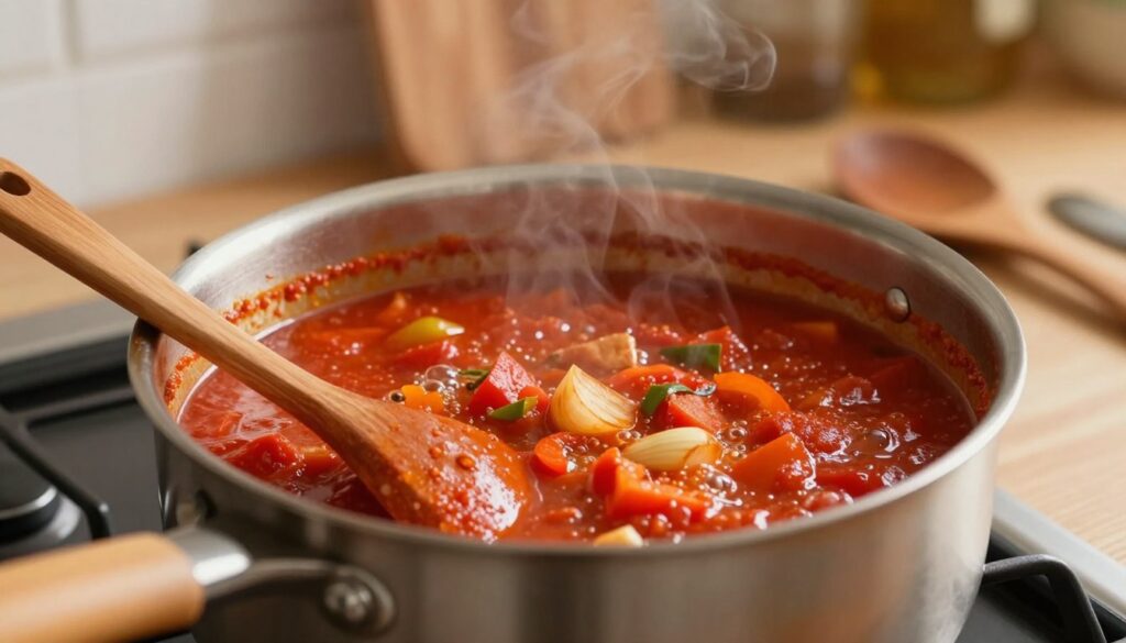 A simmering pot of rich tomato sauce on a stovetop, with vibrant red hues and visible chunks of fresh vegetables like garlic, onions, and bell peppers, creating an inviting aroma. In the foreground, wooden utensils, such as a ladle, rest beside the pot, hinting at the process of reducing the sauce. In the middle, the sauce bubbles gently, conveying the essence of careful cooking without boiling over. The background features a cozy kitchen with soft, warm lighting, casting gentle shadows that enhance the homely atmosphere. A close-up angle captures the texture and color vibrancy of the sauce, evoking a sense of depth and inviting the viewer to imagine the flavor. The scene elicits a warm, comforting mood, perfect for illustrating the art of sauce reduction. A simmering pot of rich tomato sauce on a stovetop, with vibrant red hues and visible chunks of fresh vegetables like garlic, onions, and bell peppers, creating an inviting aroma. In the foreground, wooden utensils, such as a ladle, rest beside the pot, hinting at the process of reducing the sauce. In the middle, the sauce bubbles gently, conveying the essence of careful cooking without boiling over. The background features a cozy kitchen with soft, warm lighting, casting gentle shadows that enhance the homely atmosphere. A close-up angle captures the texture and color vibrancy of the sauce, evoking a sense of depth and inviting the viewer to imagine the flavor. The scene elicits a warm, comforting mood, perfect for illustrating the art of sauce reduction.
