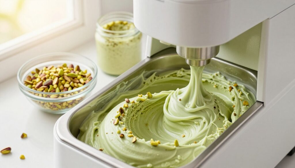 A sleek ice cream machine in a bright, modern kitchen setting, showcasing the process of making rich pistachio ice cream. The foreground features a close-up of the machine's spinning barrel, with creamy green pistachio ice cream being churned to perfection. In the middle ground, a glass bowl filled with chopped pistachios and a jar of pistachio paste, highlighting key ingredients for flavor enhancement. The background reveals a window with soft sunlight streaming in, creating a warm, inviting atmosphere. The mood is cheerful and inspiring, capturing the essence of culinary creativity. The image should be taken from a slightly angled top-down perspective to emphasize the machine and its delicious output, with a focus on vibrant colors and textures.