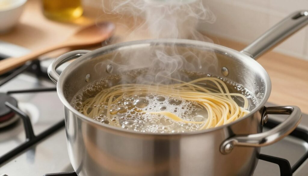A sleek stainless steel pot filled with clear, bubbling water, placed on a modern stove. In the foreground, a close-up of the pot, showcasing the temperature's steam rising gently, creating a soft, inviting atmosphere. The middle ground features a wooden spoon resting on the counter next to the pot, suggesting preparation for cooking pasta. The background is softly blurred, with warm kitchen lighting illuminating the scene, creating a cozy, culinary environment. The composition focuses on the pot and water, emphasizing their importance in cooking perfectly proportional pasta. The angle is slightly overhead, capturing the reflections on the pot's surface and enhancing the scene's clarity and warmth, evoking a sense of comfort and culinary expertise. A sleek stainless steel pot filled with clear, bubbling water, placed on a modern stove. In the foreground, a close-up of the pot, showcasing the temperature's steam rising gently, creating a soft, inviting atmosphere. The middle ground features a wooden spoon resting on the counter next to the pot, suggesting preparation for cooking pasta. The background is softly blurred, with warm kitchen lighting illuminating the scene, creating a cozy, culinary environment. The composition focuses on the pot and water, emphasizing their importance in cooking perfectly proportional pasta. The angle is slightly overhead, capturing the reflections on the pot's surface and enhancing the scene's clarity and warmth, evoking a sense of comfort and culinary expertise.