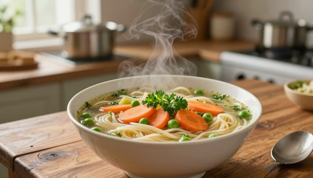 A steaming bowl of traditional noodle soup with fine pasta strands, garnished with fresh parsley and sliced vegetables. The foreground showcases the vibrant ingredients, including bright carrots, green peas, and delicate herbs, artfully arranged in the soup. The middle area features a beautifully crafted, rustic wooden table, with a spoon resting beside the bowl, hinting at warmth and home-cooked comfort. In the background, a softly blurred kitchen scene with simmering pots and natural light streaming through a window creates an inviting atmosphere. The image should evoke a sense of warmth, coziness, and deliciousness, capturing the essence of using leftover broth creatively. The focus should be sharp on the bowl while maintaining a gentle bokeh effect on the background.