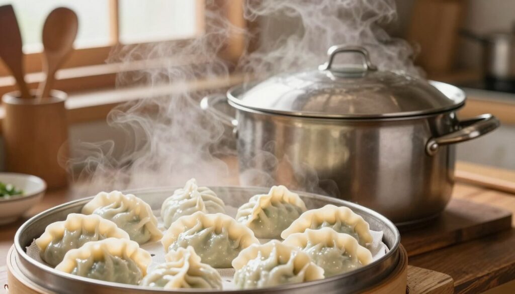 A steaming pot of fluffy dumplings cooking in a traditional steamer setup, showcasing the art of cooking with steam. In the foreground, a close-up of soft, pillowy dumplings resting on a layer of cheesecloth, glistening with moisture. In the middle, a detailed view of a classic stainless-steel pot with a tightly fitted lid, the steam rising gracefully into the air, creating a warm ambiance. The background features a cozy kitchen setting with soft natural light filtering through a window, highlighting wooden kitchen utensils and a rustic countertop. The scene conveys a calm and inviting atmosphere, emphasizing the simplicity and comfort of stress-free cooking methods. Focus on warm colors and soft lighting to enhance the inviting mood. A steaming pot of fluffy dumplings cooking in a traditional steamer setup, showcasing the art of cooking with steam. In the foreground, a close-up of soft, pillowy dumplings resting on a layer of cheesecloth, glistening with moisture. In the middle, a detailed view of a classic stainless-steel pot with a tightly fitted lid, the steam rising gracefully into the air, creating a warm ambiance. The background features a cozy kitchen setting with soft natural light filtering through a window, highlighting wooden kitchen utensils and a rustic countertop. The scene conveys a calm and inviting atmosphere, emphasizing the simplicity and comfort of stress-free cooking methods. Focus on warm colors and soft lighting to enhance the inviting mood.