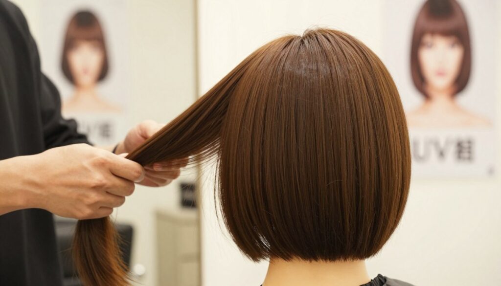 A stylish bob and long bob hairstyle showcasing smooth, disciplined strands flowing gracefully. The foreground features a mannequin head highlighting the bob cut with perfectly styled strands, showcasing shiny, healthy hair. The middle ground displays a hair salon scene with a stylist gently handling the hair, emphasizing precision and technique in cutting. The background features soft, blurred images of other hairstyle shapes like U/V cuts and face-framing layers on posters. The lighting is bright and warm, creating an inviting atmosphere, with soft shadows to accentuate the hair texture. The focus is on elegance and professionalism, capturing a modern take on popular hairstyles.