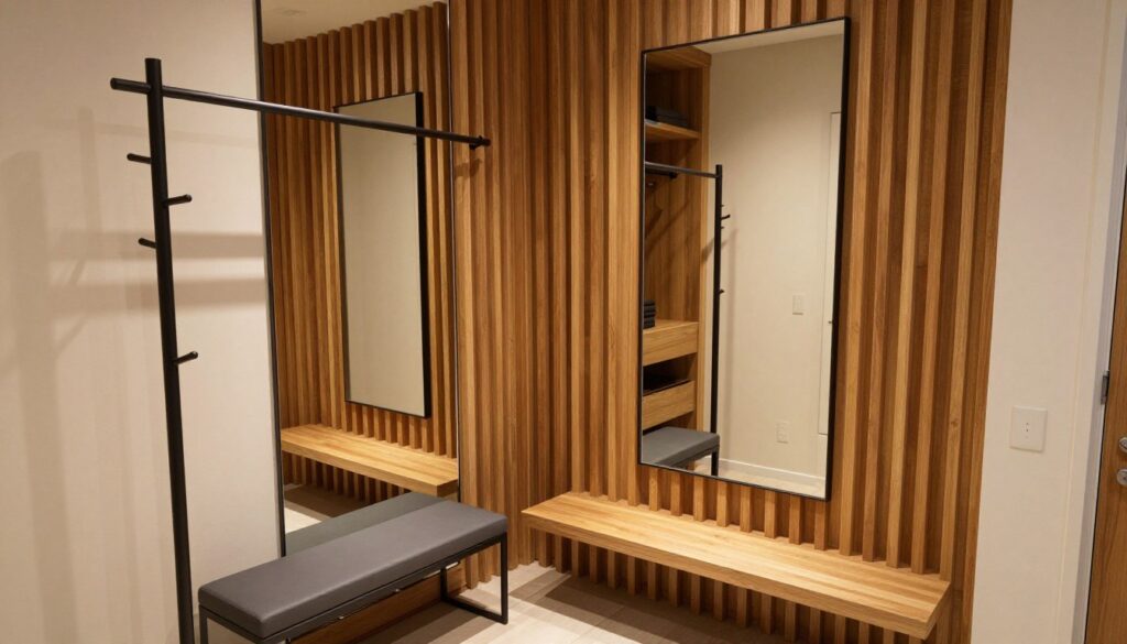 A stylish hallway featuring wooden slats (lamele) with integrated mirrors, enhancing the sense of spaciousness. In the foreground, a modern coat rack and a sleek bench create a functional entryway. The middle section reveals the wooden slats, reflecting ambient lighting that adds warmth and depth. Behind, a well-designed wardrobe complements the scene, emphasizing organization. The lighting is soft and inviting, casting gentle shadows that define the space. The image is captured from a slightly elevated angle, showcasing the harmonious layout of the entrance area. The overall mood is contemporary and welcoming, perfect for a functional yet stylish entryway.