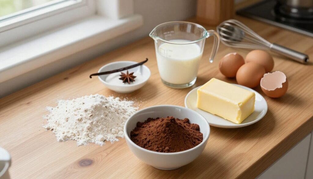 A top-down view of a wooden kitchen countertop displaying the essential ingredients for making a chocolate cake. In the foreground, arrange a bowl filled with rich, dark cocoa powder and another bowl with granulated sugar. Include a small pile of flour, a few eggs in their shells, and a stick of butter, all neatly presented. In the middle, show a measuring cup filled with milk and a splash of vanilla extract in a tiny dish. The background includes rustic baking utensils, such as a whisk and measuring spoons, with soft, natural light streaming in from a window. The atmosphere should feel warm and inviting, evoking the comfort of home baking.