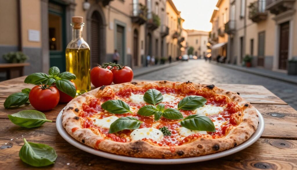 A traditional Neapolitan pizza from the 18th century, featuring a simple yet vibrant display of fresh ingredients. In the foreground, a round, thin crust pizza topped with rich tomato sauce, creamy mozzarella cheese, and fresh basil leaves, exuding warmth and inviting flavors. The middle ground shows a rustic wooden table adorned with additional ingredients like ripe tomatoes, a sprig of basil, and a small bottle of olive oil. In the background, the picturesque streets of 18th century Naples are visible, with historic buildings and cobblestone paths softly illuminated by golden afternoon light. The atmosphere is warm and inviting, evoking a sense of warmth and simplicity typical of the era. The angle captures the pizza at eye level, emphasizing its inviting nature without the inclusion of any text or watermarks.