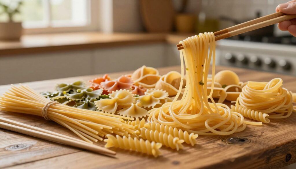 A variety of pasta types elegantly displayed on a rustic wooden table. In the foreground, showcase long strands of spaghetti twirling around chopsticks, alongside short, curved fusilli and smooth penne. In the middle, feature a colorful assortment of shapes like farfalle and orecchiette, all glistening with a hint of olive oil. The background should include a softly blurred kitchen setting, with warm, ambient lighting filtering in from a window to create a cozy atmosphere. The scene conveys a sense of culinary delight, inviting the viewer to explore the textures and forms of different pasta types, emphasizing their unique characteristics and suitability for chopstick use.