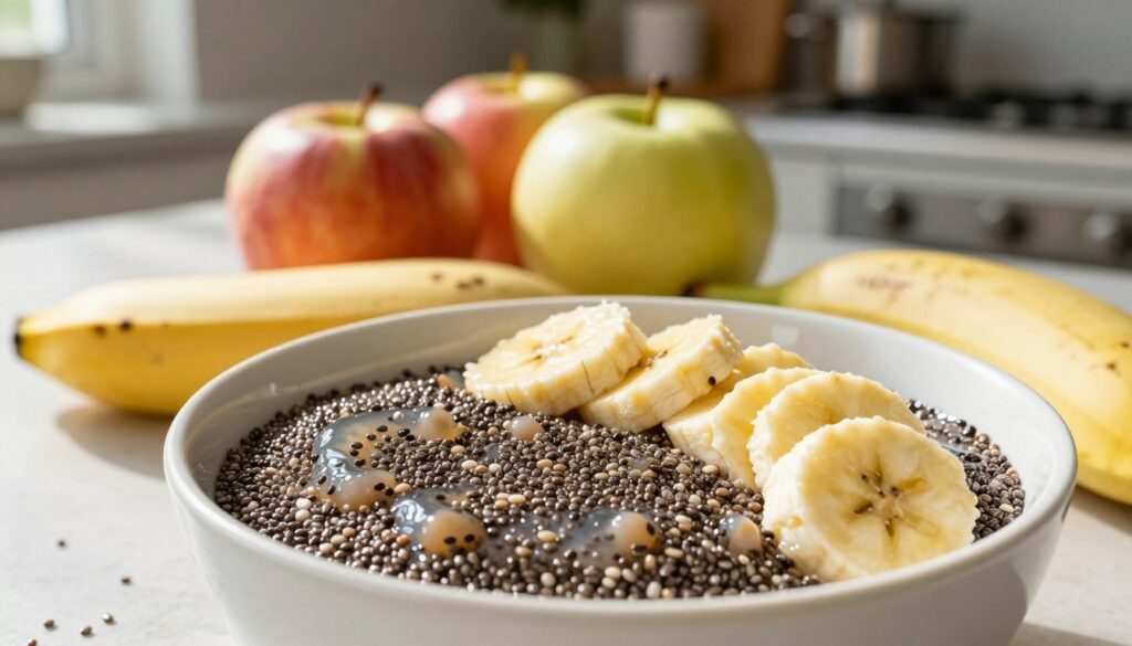 A vibrant and appealing composition showcasing a bowl of chia seeds and a ripe banana, positioned prominently in the foreground. The chia seeds should be glistening with moisture, emphasizing their gel-like consistency as they intermingle with the soft, mashed banana in the bowl. In the middle ground, arrange a selection of fresh apples, subtly hinting at their use in apple sauce, creating a cohesive link to the article. The background can feature a softly lit kitchen countertop, with an out-of-focus view of kitchen utensils and fresh fruits, providing a warm, inviting atmosphere. Natural light spills in, casting gentle shadows that enhance the texture of the chia and banana mix. Aim for a serene and modern mood, ideal for a contemporary culinary setting.