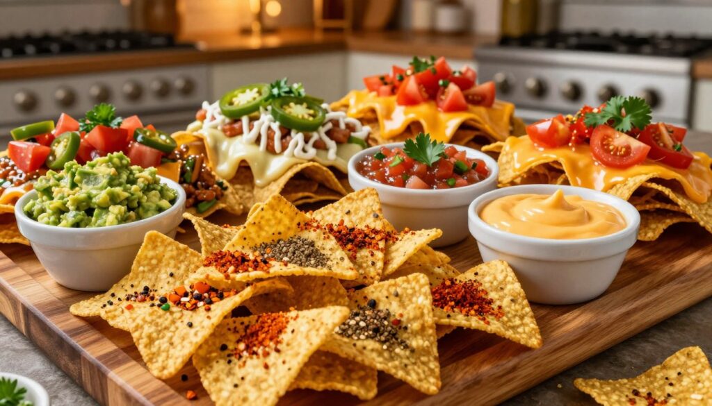 A vibrant and appetizing display of various nacho dishes inspired by different spice variants. In the foreground, a wooden platter showcases crispy tortilla chips sprinkled with colorful spices like paprika, cumin, and chili flakes, alongside small bowls of zesty sauces like guacamole, salsa, and cheese dip. In the middle ground, an assortment of nacho variations includes toppings of melted cheese, diced tomatoes, jalapeños, and fresh herbs. The background features a cozy kitchen setting, with warm, inviting lighting illuminating the scene, creating a homely atmosphere. The focus is on the enticing textures and vivid colors of the nachos and spices, captured from a slightly elevated angle to emphasize the abundance and variety. A vibrant and appetizing display of various nacho dishes inspired by different spice variants. In the foreground, a wooden platter showcases crispy tortilla chips sprinkled with colorful spices like paprika, cumin, and chili flakes, alongside small bowls of zesty sauces like guacamole, salsa, and cheese dip. In the middle ground, an assortment of nacho variations includes toppings of melted cheese, diced tomatoes, jalapeños, and fresh herbs. The background features a cozy kitchen setting, with warm, inviting lighting illuminating the scene, creating a homely atmosphere. The focus is on the enticing textures and vivid colors of the nachos and spices, captured from a slightly elevated angle to emphasize the abundance and variety.