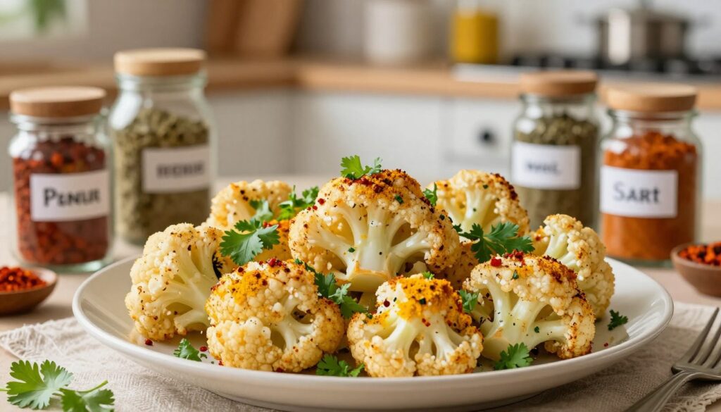 A vibrant and colorful display of seasoned cauliflower, showcasing a variety of spices and herbs that transform its appearance and flavor. In the foreground, a beautifully arranged plate of golden, roasted cauliflower florets garnished with fresh herbs like parsley and cilantro, sprinkled with colorful spices such as paprika, turmeric, and cumin. In the middle ground, jars of spices, each labeled with distinctive names, are artistically placed around the plate. The background features a softly blurred kitchen setting with warm, inviting lighting that suggests a homey atmosphere. The lens captures the freshness and creativity of the dish, evoking a sense of culinary adventure and allure. The mood is lively and appetizing, inspiring viewers to explore exciting ways to prepare cauliflower. A vibrant and colorful display of seasoned cauliflower, showcasing a variety of spices and herbs that transform its appearance and flavor. In the foreground, a beautifully arranged plate of golden, roasted cauliflower florets garnished with fresh herbs like parsley and cilantro, sprinkled with colorful spices such as paprika, turmeric, and cumin. In the middle ground, jars of spices, each labeled with distinctive names, are artistically placed around the plate. The background features a softly blurred kitchen setting with warm, inviting lighting that suggests a homey atmosphere. The lens captures the freshness and creativity of the dish, evoking a sense of culinary adventure and allure. The mood is lively and appetizing, inspiring viewers to explore exciting ways to prepare cauliflower.