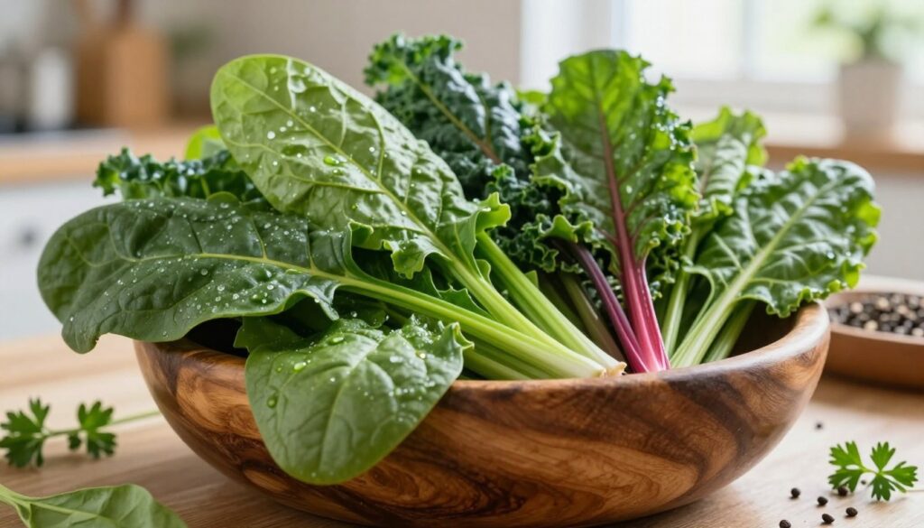 A vibrant and detailed close-up of a variety of iron-rich vegetables, including spinach, kale, beet greens, and Swiss chard, carefully arranged in a rustic wooden bowl. In the foreground, fresh, glistening leaves showcase their rich green colors, with visible water droplets suggesting freshness. The middle ground features the bowl surrounded by scattered herbs and seeds, enhancing the visual appeal. In the background, softly blurred, there are hints of a kitchen setting with natural light streaming in from a window, creating a warm and inviting atmosphere. The lighting is soft and diffused, emphasizing the textures and colors of the vegetables. The overall mood is health-oriented and appetizing, ideal for a nutrition-focused theme. A vibrant and detailed close-up of a variety of iron-rich vegetables, including spinach, kale, beet greens, and Swiss chard, carefully arranged in a rustic wooden bowl. In the foreground, fresh, glistening leaves showcase their rich green colors, with visible water droplets suggesting freshness. The middle ground features the bowl surrounded by scattered herbs and seeds, enhancing the visual appeal. In the background, softly blurred, there are hints of a kitchen setting with natural light streaming in from a window, creating a warm and inviting atmosphere. The lighting is soft and diffused, emphasizing the textures and colors of the vegetables. The overall mood is health-oriented and appetizing, ideal for a nutrition-focused theme.