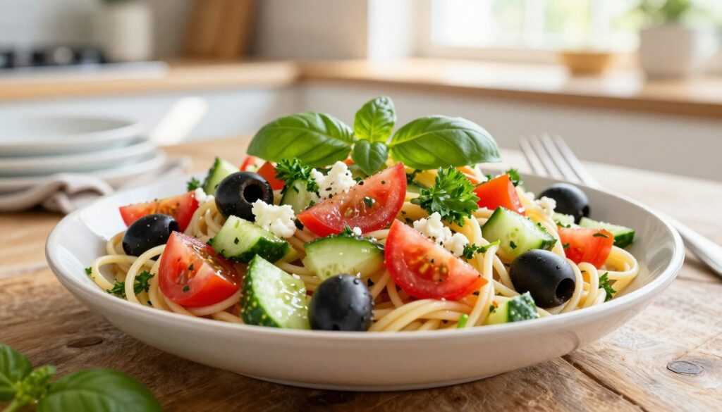 A vibrant and fresh pasta salad featuring thin noodles, beautifully arranged on a rustic wooden table. In the foreground, the salad is bursting with color, showcasing diced tomatoes, crisp cucumbers, black olives, and a sprinkle of feta cheese, all glistening with a light vinaigrette. The middle layer includes fresh herbs like parsley and basil, adding a touch of greenery. The background is softly blurred, hinting at a sunlit kitchen with natural light streaming in, creating a warm and inviting atmosphere. The scene is styled for a lunch setting, with a fork resting beside the bowl, evoking a casual yet enticing ambiance. The overall mood is refreshing and appetizing, perfect for a summer meal.