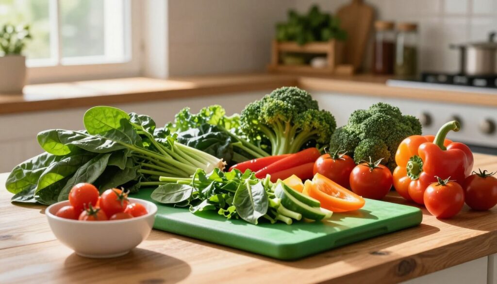 A vibrant and inviting kitchen scene that showcases an array of iron-rich vegetables like spinach, kale, and broccoli beautifully laid out on a wooden table. In the foreground, a vivid green chopping board holds freshly chopped vegetables, with a small bowl of colorful bell peppers and cherry tomatoes nearby, hinting at combinations that enhance iron absorption. In the middle ground, natural sunlight streams through a nearby window, casting warm light on the produce, accentuating their freshness and color. In the background, a softly blurred view of a rustic kitchen shelf lined with spices and herbs enhances the homey atmosphere. The overall mood is warm and nutritious, emphasizing health and good nutrition through vibrant colors and natural lighting. A vibrant and inviting kitchen scene that showcases an array of iron-rich vegetables like spinach, kale, and broccoli beautifully laid out on a wooden table. In the foreground, a vivid green chopping board holds freshly chopped vegetables, with a small bowl of colorful bell peppers and cherry tomatoes nearby, hinting at combinations that enhance iron absorption. In the middle ground, natural sunlight streams through a nearby window, casting warm light on the produce, accentuating their freshness and color. In the background, a softly blurred view of a rustic kitchen shelf lined with spices and herbs enhances the homey atmosphere. The overall mood is warm and nutritious, emphasizing health and good nutrition through vibrant colors and natural lighting.