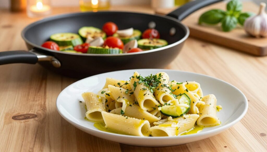 A vibrant and inviting scene featuring a plate of freshly cooked zucchini pasta in a light, savory sauce on a clear, wooden table. In the foreground, the pasta is artfully arranged, garnished with a sprinkle of fresh herbs and a drizzle of olive oil. The middle layer showcases a frying pan with sautéed zucchini slices, garlic, and cherry tomatoes, capturing the essence of a one-pan dish. In the background, there are soft, warm kitchen lights creating a cozy atmosphere, with hints of fresh basil and garlic on a cutting board. The angle is slightly overhead, highlighting the textures and colors of the dish, evoking a sense of warmth and hominess, perfect for a quick, delicious meal.