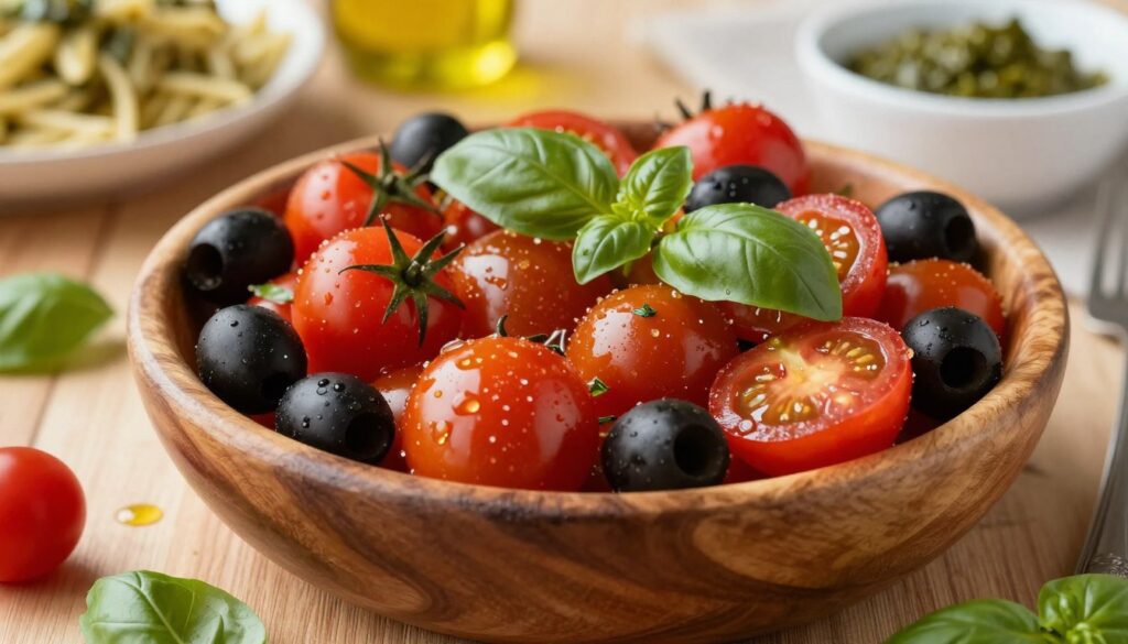 A vibrant, appetizing image featuring a wooden bowl filled with fresh cherry tomatoes and black olives arranged artfully in a rustic kitchen setting. In the foreground, highlight the glistening tomatoes, showcasing their rich red color, while the black olives provide a striking contrast. In the middle ground, include a light drizzle of olive oil and scattered fresh basil leaves to emphasize the freshness of the dish. The background should softly blur to reveal a wooden countertop and a hint of pesto sauce in a small bowl, evoking a cozy, inviting atmosphere. Use warm, natural lighting to enhance the colors and textures, capturing the essence of a quick, healthy meal that complements pesto pasta beautifully. The angle should be slightly elevated, inviting the viewer to imagine enjoying a delightful, hassle-free lunch. A vibrant, appetizing image featuring a wooden bowl filled with fresh cherry tomatoes and black olives arranged artfully in a rustic kitchen setting. In the foreground, highlight the glistening tomatoes, showcasing their rich red color, while the black olives provide a striking contrast. In the middle ground, include a light drizzle of olive oil and scattered fresh basil leaves to emphasize the freshness of the dish. The background should softly blur to reveal a wooden countertop and a hint of pesto sauce in a small bowl, evoking a cozy, inviting atmosphere. Use warm, natural lighting to enhance the colors and textures, capturing the essence of a quick, healthy meal that complements pesto pasta beautifully. The angle should be slightly elevated, inviting the viewer to imagine enjoying a delightful, hassle-free lunch.