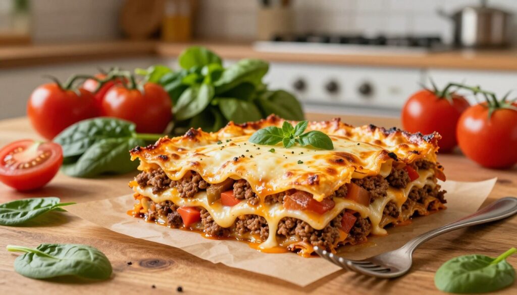 A vibrant, appetizing scene showcasing a freshly baked lasagna, beautifully layered with meat and vegetables, set on a rustic wooden kitchen table. In the foreground, a fork is poised, ready to serve, with melted cheese oozing from the edges. The middle ground features a colorful array of fresh ingredients like tomatoes, spinach, and herbs artistically arranged around the lasagna. In the background, a softly blurred kitchen with warm lighting creates a cozy atmosphere, hinting at an inviting home-cooked environment. The camera angle is slightly elevated, capturing the enticing layers of the lasagna while maintaining a focus on the heartwarming setting. The overall mood is cheerful and inspiring, perfect for quick, delicious meal ideas without losing flavor.