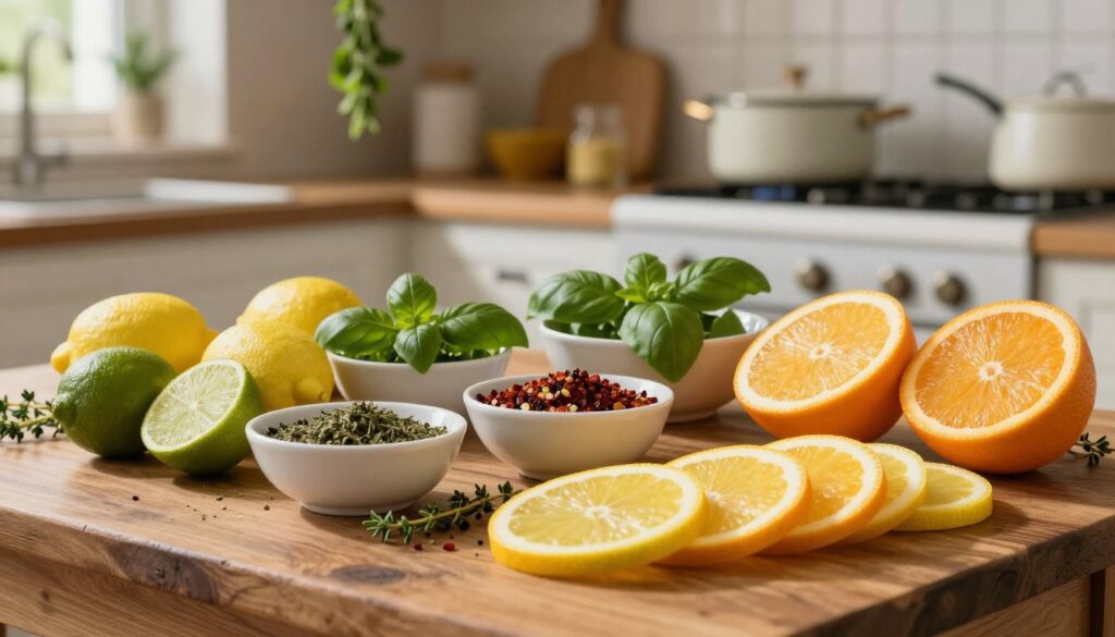 A vibrant arrangement of fresh citrus fruits, including lemons, limes, and oranges, set against a rustic wooden table. In the foreground, slices of these citruses are artfully displayed, showcasing their juicy textures and bright colors. In the middle, small bowls filled with a variety of herbs like basil, thyme, and chili flakes are present, emphasizing the concept of spice and contrasting flavors. In the background, a soft-focus view of an Italian kitchen enhances the authenticity, with herbs hanging and pots simmering gently. The lighting is warm and inviting, casting soft shadows that create a cozy atmosphere. The overall mood is fresh and lively, reflecting a balance of zest and warmth, inviting the viewer to explore flavor combinations for pasta dishes.