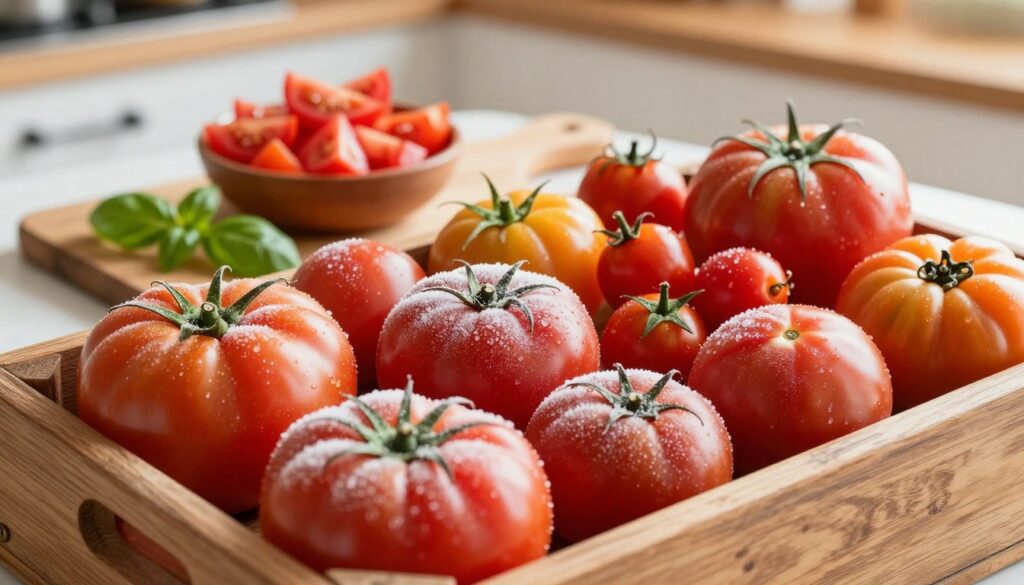 A vibrant assortment of frozen tomatoes displayed in a rustic wooden crate, showcasing various varieties such as Roma, Beefsteak, and Cherry tomatoes. The foreground features intricately arranged whole tomatoes, glistening with a light frost to emphasize their freshness. In the middle ground, a small bowl of chopped tomatoes on a wooden cutting board, highlighting the different textures and colors of the varieties, with a few sprigs of fresh basil for contrast. The background should be softly blurred, hinting at a cozy kitchen environment with warm lighting, evoking a homey and inviting atmosphere. A shallow depth of field focuses on the tomatoes, drawing the viewer's eye to the natural beauty and vibrant colors, emphasizing their suitability for freezing without losing flavor. A vibrant assortment of frozen tomatoes displayed in a rustic wooden crate, showcasing various varieties such as Roma, Beefsteak, and Cherry tomatoes. The foreground features intricately arranged whole tomatoes, glistening with a light frost to emphasize their freshness. In the middle ground, a small bowl of chopped tomatoes on a wooden cutting board, highlighting the different textures and colors of the varieties, with a few sprigs of fresh basil for contrast. The background should be softly blurred, hinting at a cozy kitchen environment with warm lighting, evoking a homey and inviting atmosphere. A shallow depth of field focuses on the tomatoes, drawing the viewer's eye to the natural beauty and vibrant colors, emphasizing their suitability for freezing without losing flavor.
