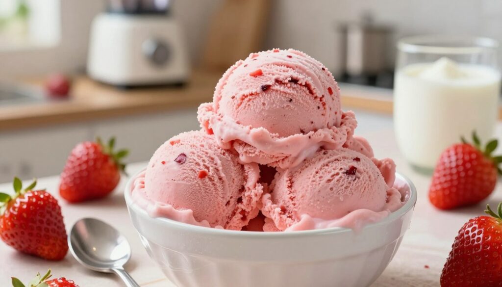 A vibrant bowl of pink strawberry ice cream sits invitingly at the forefront, with a spoon placed beside it. The ice cream is creamy and textured, speckled with small strawberry bits, showcasing a rich, smooth consistency. Surrounding the bowl, fresh strawberries with droplets of water glisten in the soft natural light, adding freshness. In the background, a kitchen counter is seen, adorned with a blender and ingredients like yogurt and cream, hinting at the easy preparation method. The scene is bathed in warm, inviting light, creating a cozy and cheerful atmosphere. Focused, shallow depth of field to highlight the ice cream and strawberries, while softly blurring the background elements. The overall mood is playful and appetizing, perfect for a fun summer treat.