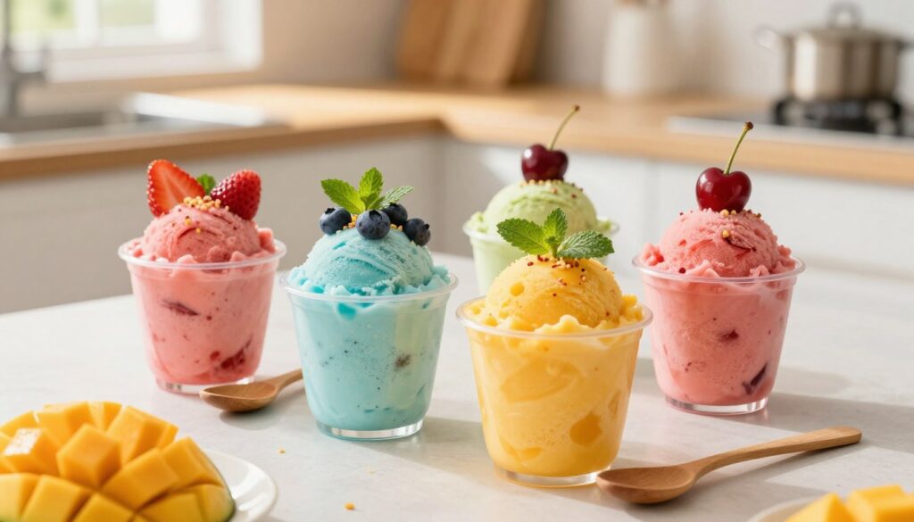 A vibrant display of homemade sorbets featuring four distinct flavors: strawberry, raspberry, blueberry, and cherry, elegantly arranged in colorful, reusable dessert cups with a wooden spoon beside each. The background showcases a softly blurred kitchen setting with sunlight filtering through a window, casting warm, inviting light. Each sorbet is topped with a sprinkle of fresh fruit and mint leaves, enhancing the visual appeal. In the foreground, a small bowl of ripe mangoes hints at the additional mango sorbet flavor. The overall atmosphere is fresh, cheerful, and appetizing, inviting viewers to embrace the delightful experience of homemade sorbets. The image should have a shallow depth of field, focusing primarily on the sorbet cups while softening the background for a cozy, homey feel. A vibrant display of homemade sorbets featuring four distinct flavors: strawberry, raspberry, blueberry, and cherry, elegantly arranged in colorful, reusable dessert cups with a wooden spoon beside each. The background showcases a softly blurred kitchen setting with sunlight filtering through a window, casting warm, inviting light. Each sorbet is topped with a sprinkle of fresh fruit and mint leaves, enhancing the visual appeal. In the foreground, a small bowl of ripe mangoes hints at the additional mango sorbet flavor. The overall atmosphere is fresh, cheerful, and appetizing, inviting viewers to embrace the delightful experience of homemade sorbets. The image should have a shallow depth of field, focusing primarily on the sorbet cups while softening the background for a cozy, homey feel.